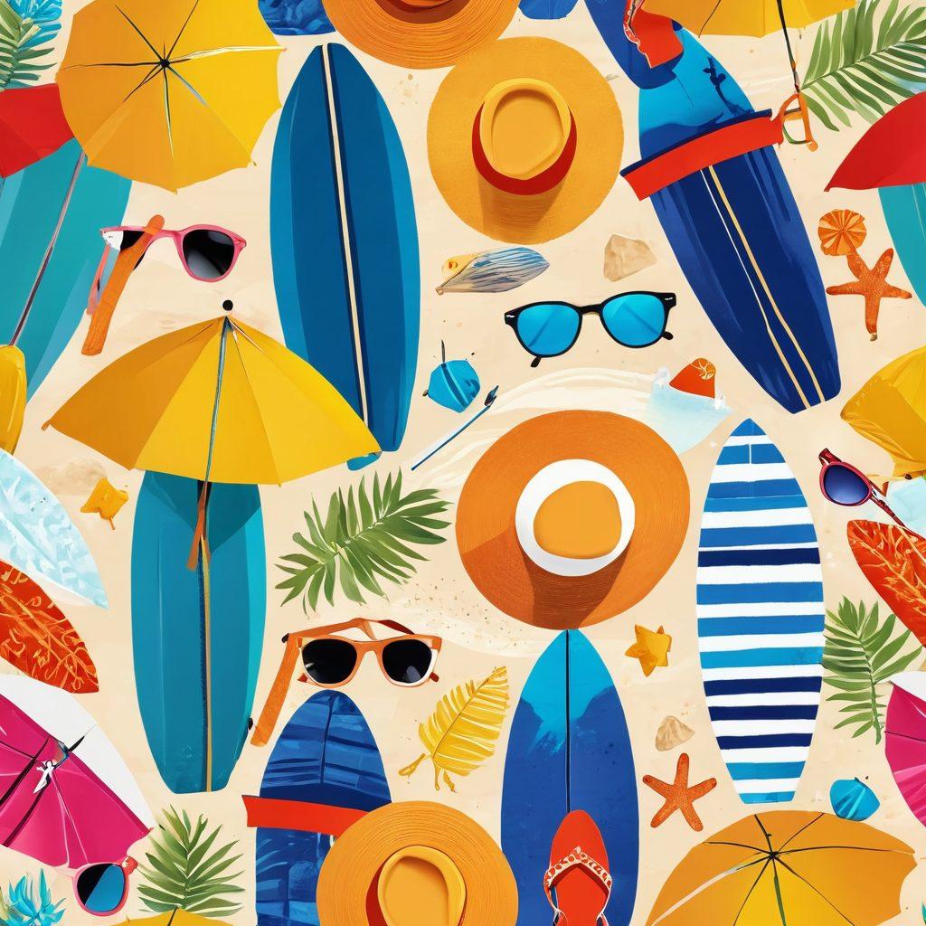 A vibrant beach scene featuring a diverse group of fashionable women showcasing the latest bikini styles, surrounded by colorful beach umbrellas and towels. Include elements of sun, sand, and surfboards to evoke a summer vibe. Ensure the background displays a clear blue sky and crystal-clear water, inviting a sense of relaxation and fun. Illustrate trendy beach accessories like hats and sunglasses. colorful illustration. vibrant colors. summer vibe.